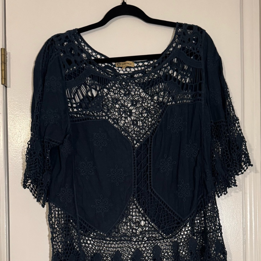 Democracy dark blue open in the middle Crochet Women's Blouse boho western
